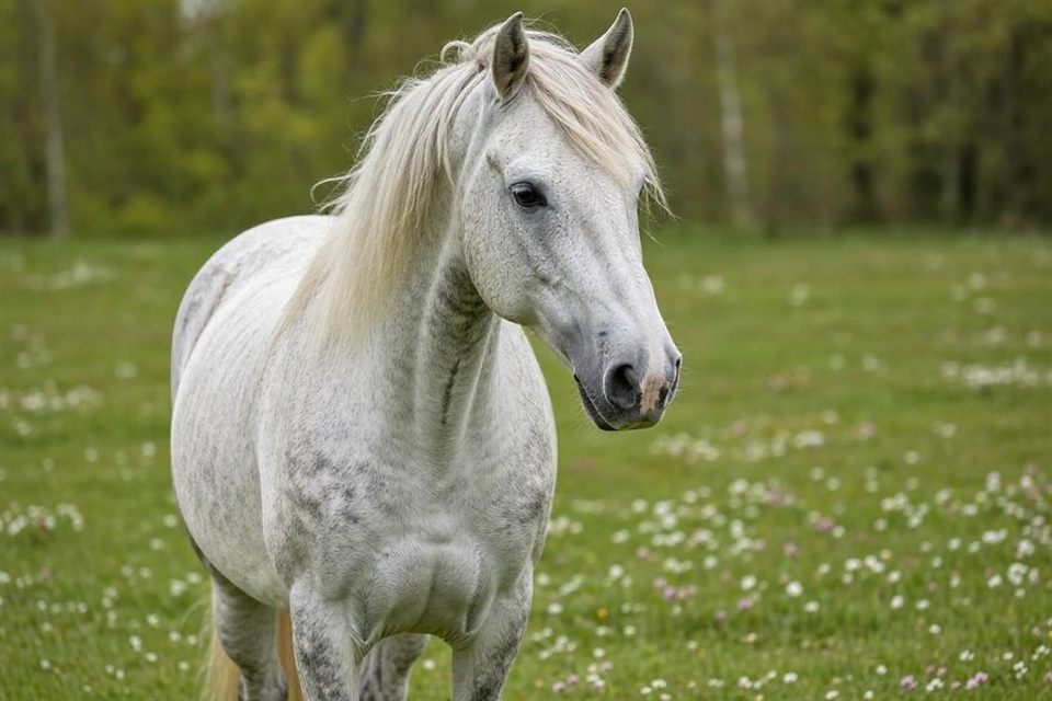 A grey horse with a pale mane standing in a green field dotted with small white and pink flowers, trees behind